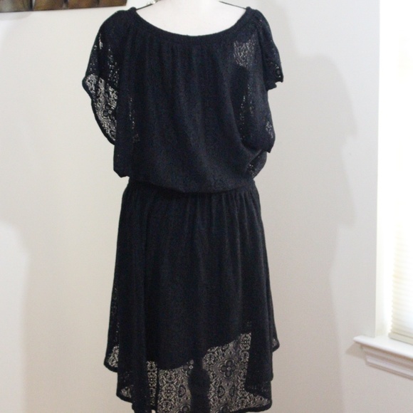 Leifnotes , Anthropologie Black Smocked Waist Hi Lo Scoop Neck Lace Dress Size M - Picture 3 of 11